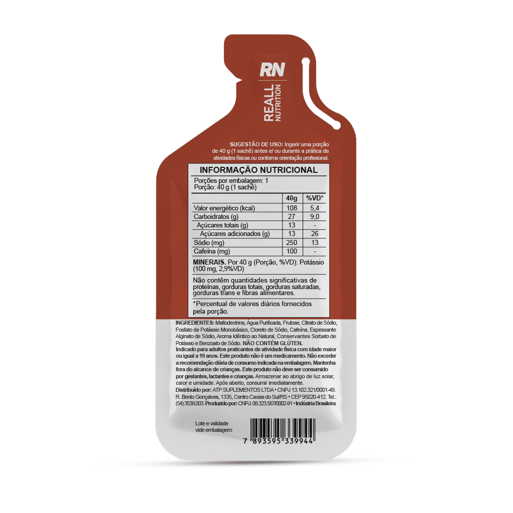 Rótulo com tabela nutricional do Reall Pace Gel Chocolate com Cafeína