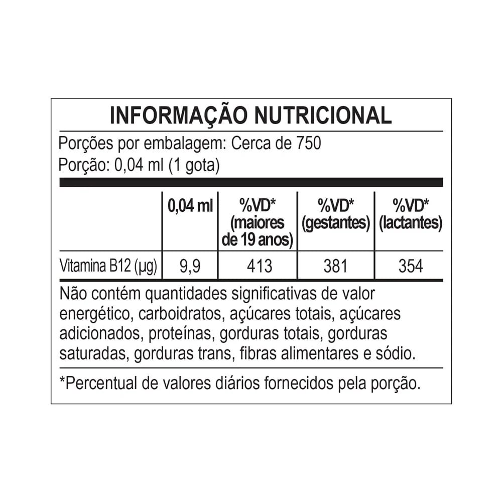 BioB12 Gotas Central Nutrition — tabela nutricional