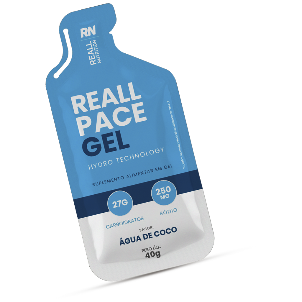 Infográfico da fórmula do Reall Pace Gel: carboidratos, sódio, potássio e alginato de sódio