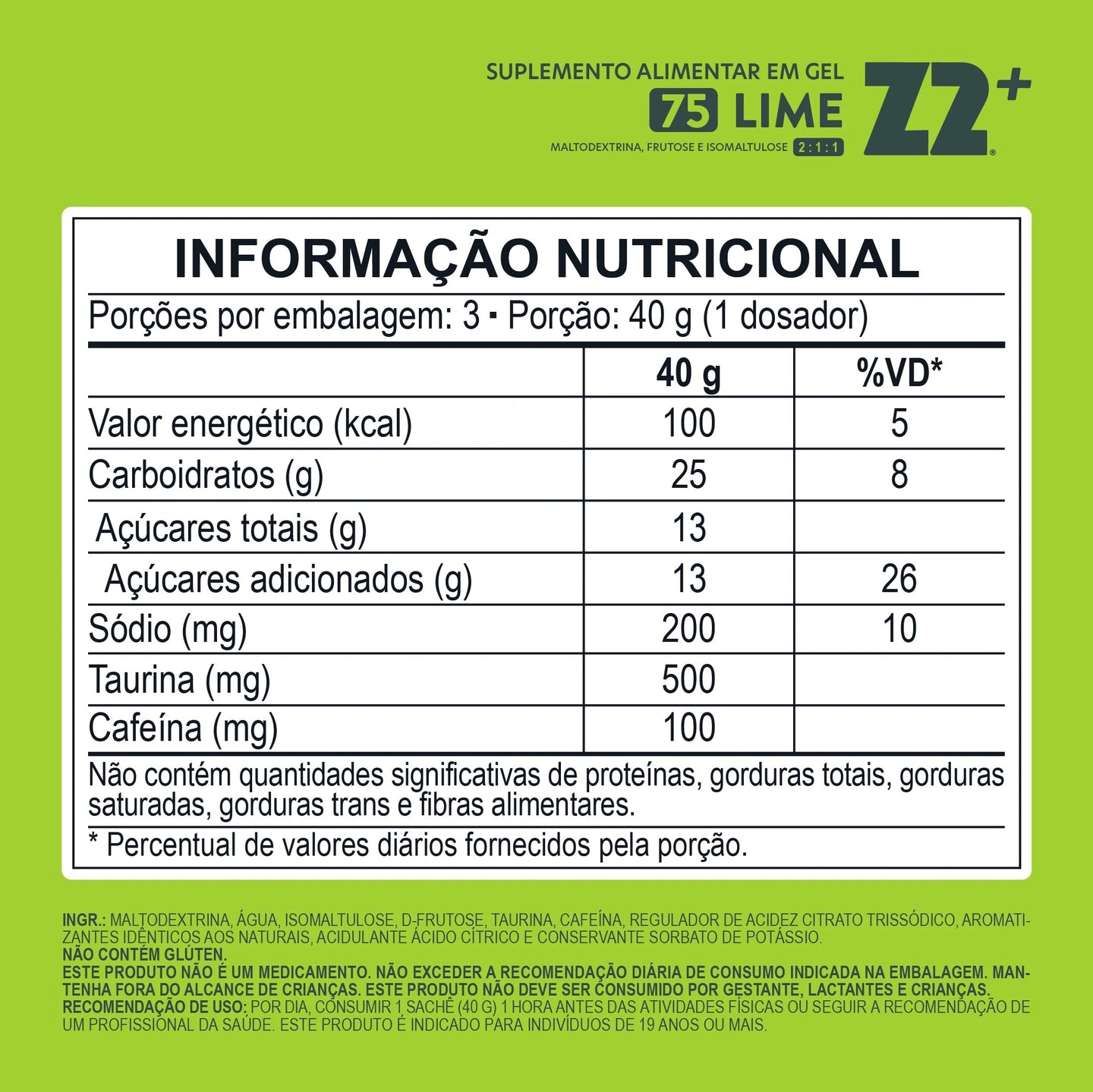 Energy Gel Z2+ Lime (flask 120g) — tabela nutricional Lime