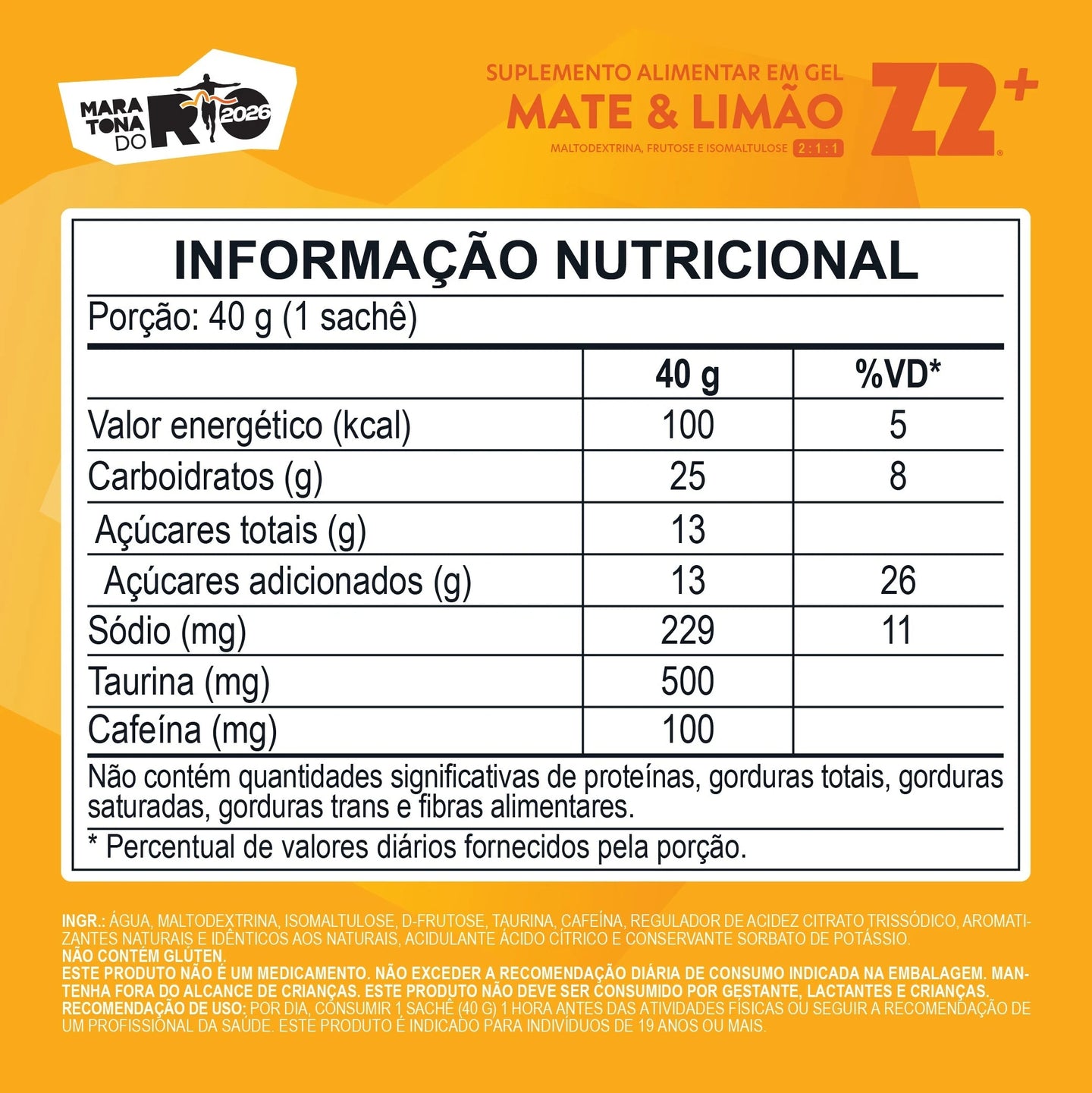 Energy Gel Z2+ (sachê 40g) tabela nutricional