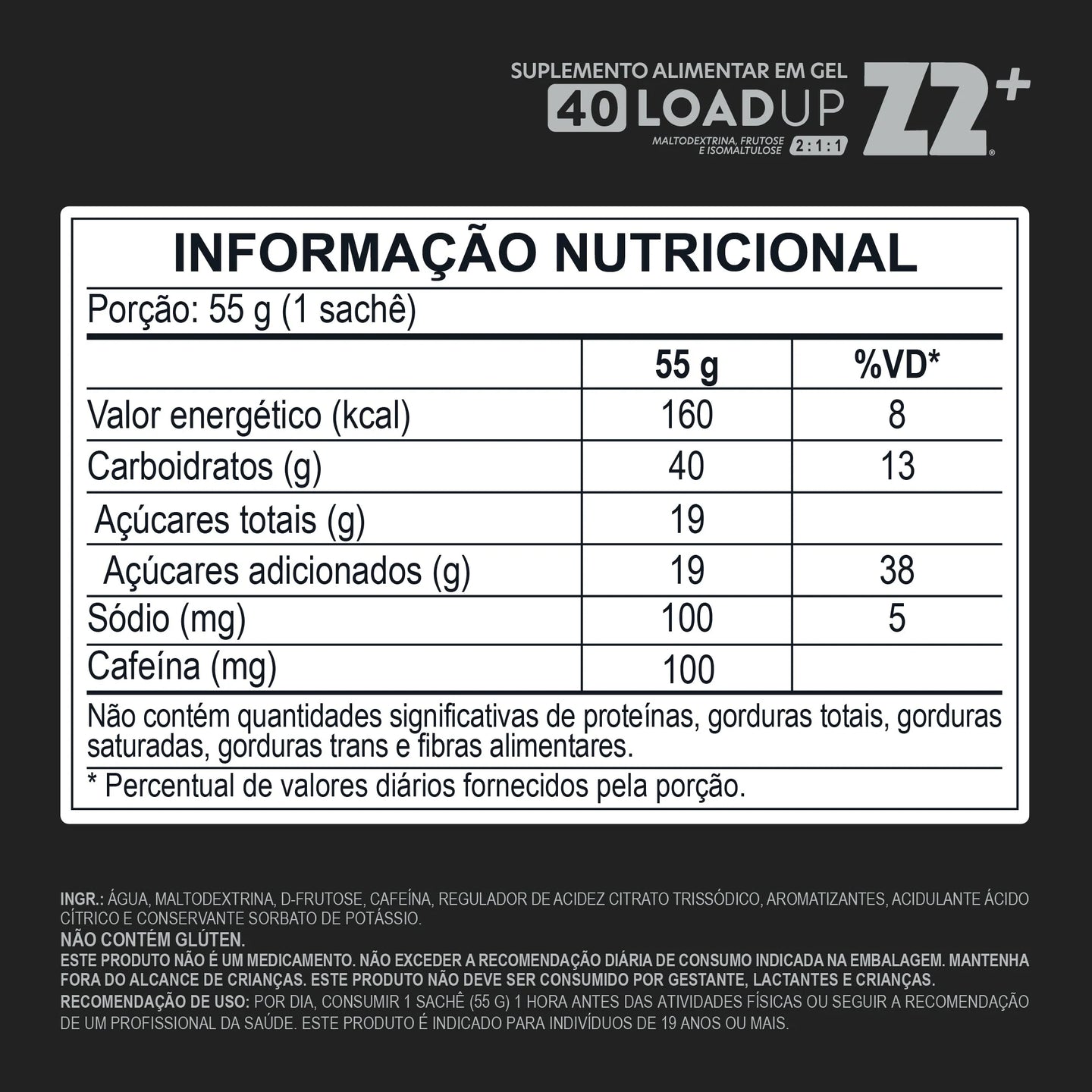 Energy Gel Z2+ Original 40Carb (sachê 55g) tabela nutricional