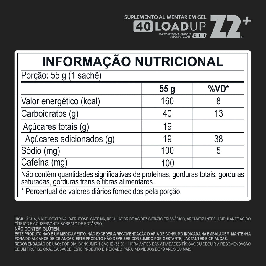 Energy Gel Z2+ Original 40Carb (sachê 55g) tabela nutricional
