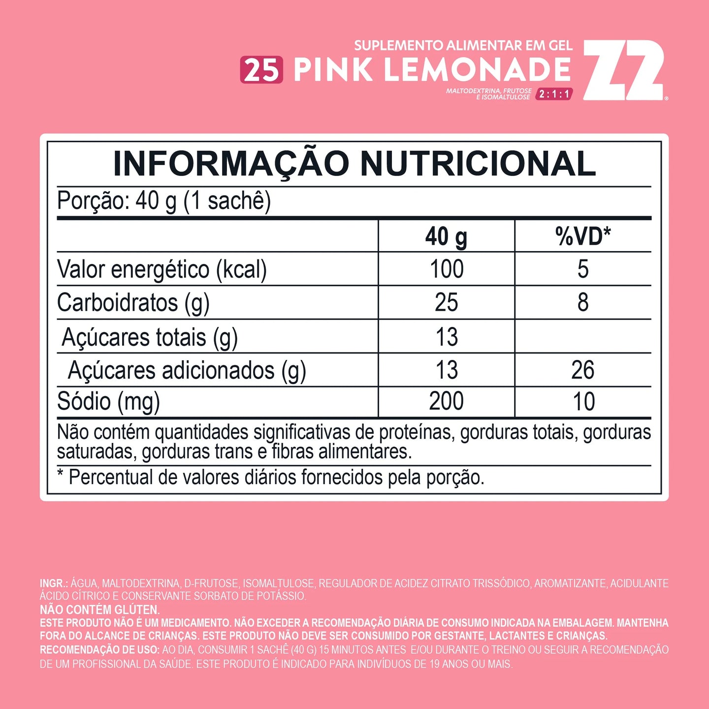 Energy Gel Z2 (sachê 40g) tabela nutricional