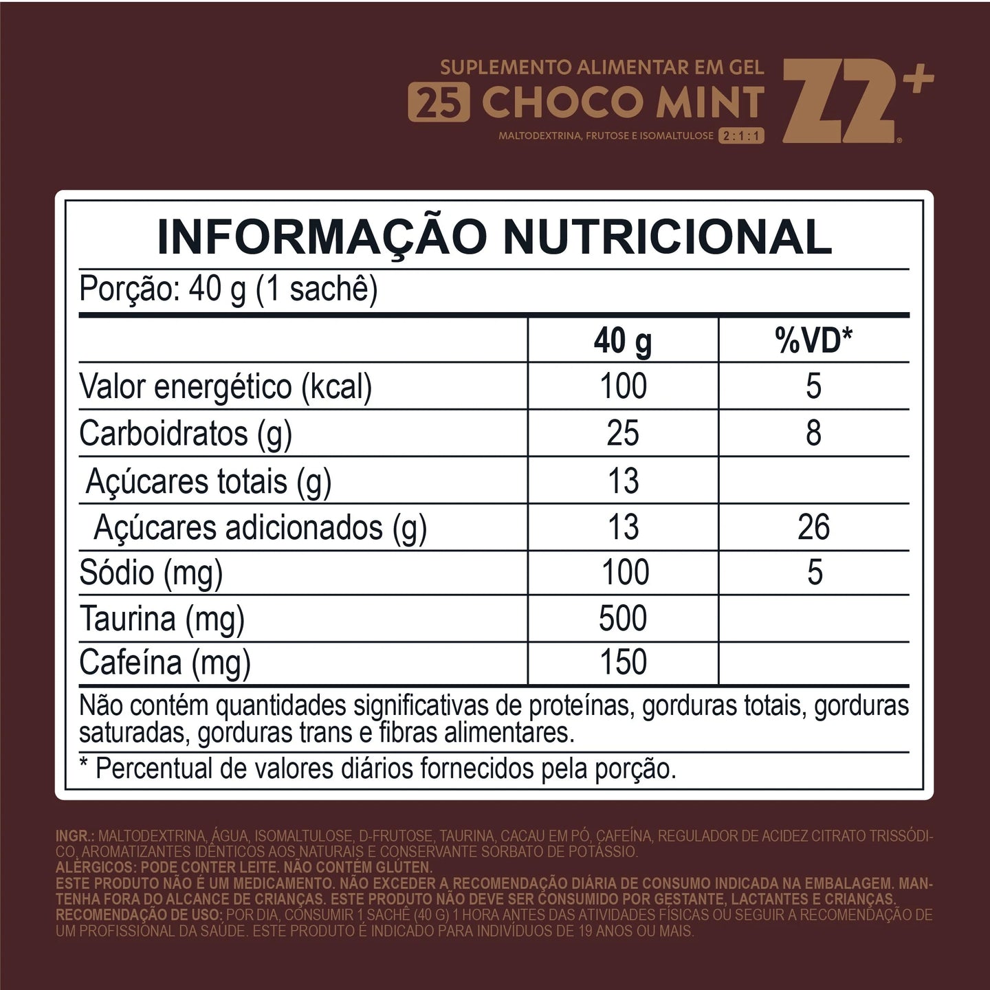 Energy Gel Z2+ (sachê 40g) tabela nutricional