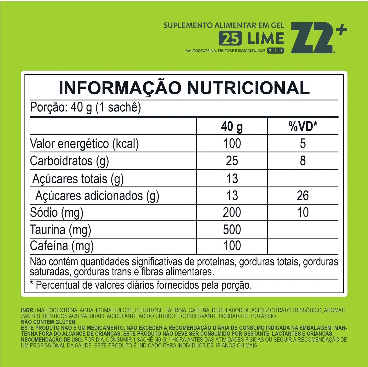 Energy Gel Z2+ (sachê 40g) tabela nutricional