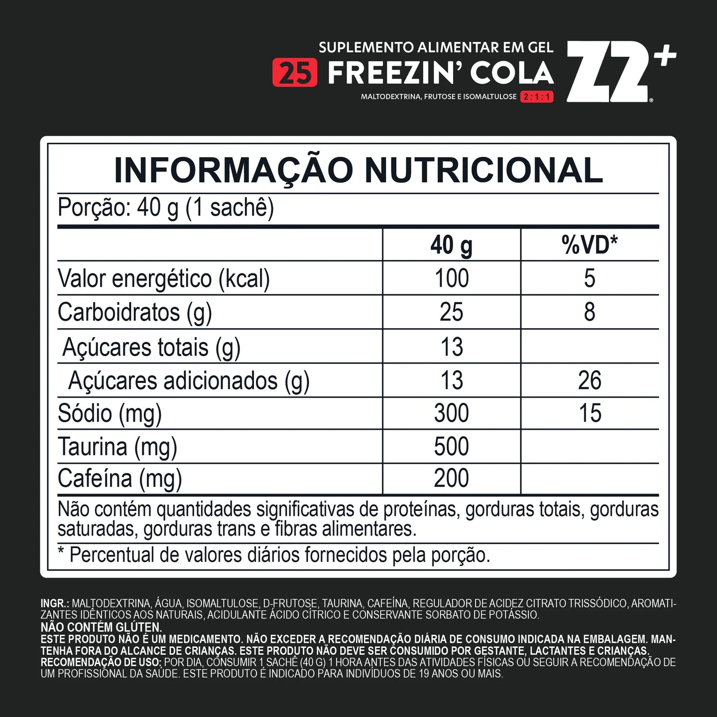 Energy Gel Z2+ (sachê 40g) — tabela nutricional Freezin' Cola