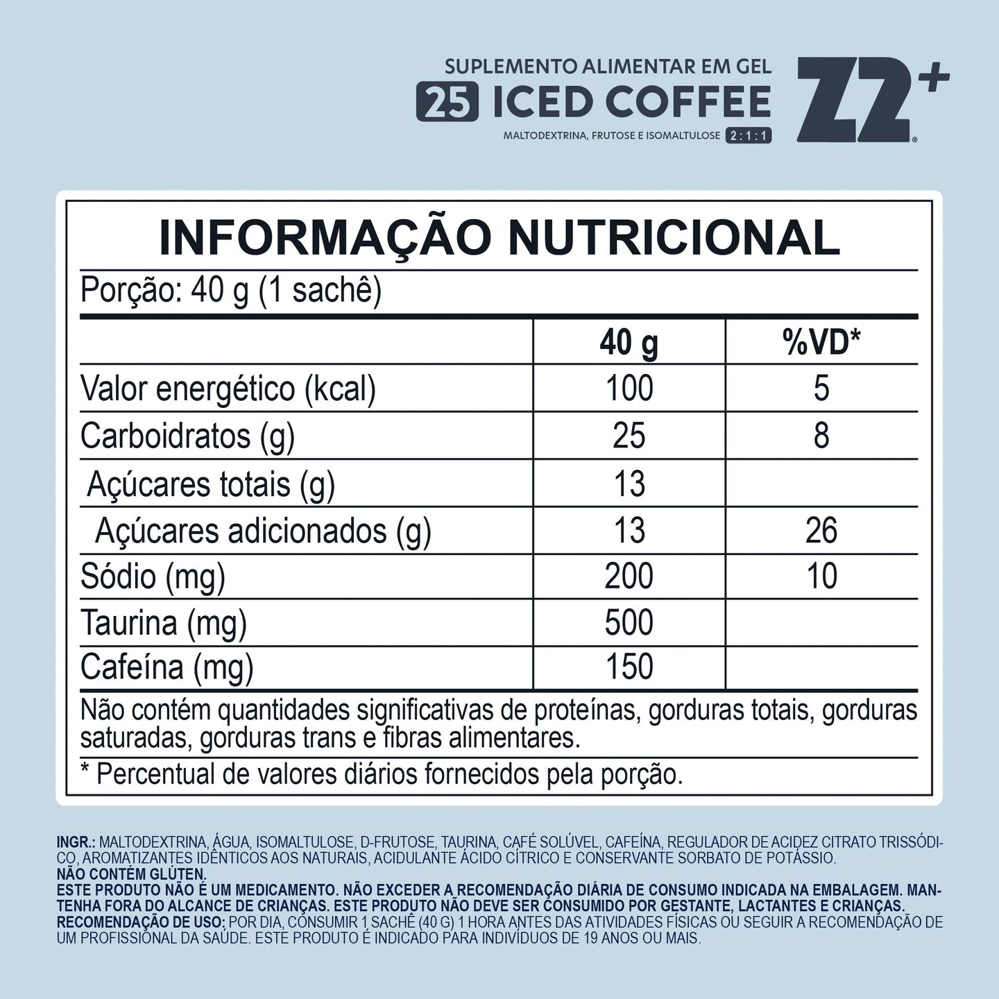 Energy Gel Z2+ (sachê 40g) tabela nutricional
