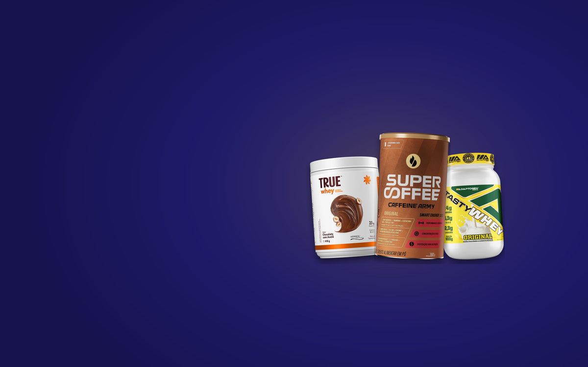 Potes de True Whey, SuperCoffee e Tasty Whey, campeoes de venda da Suplementaria