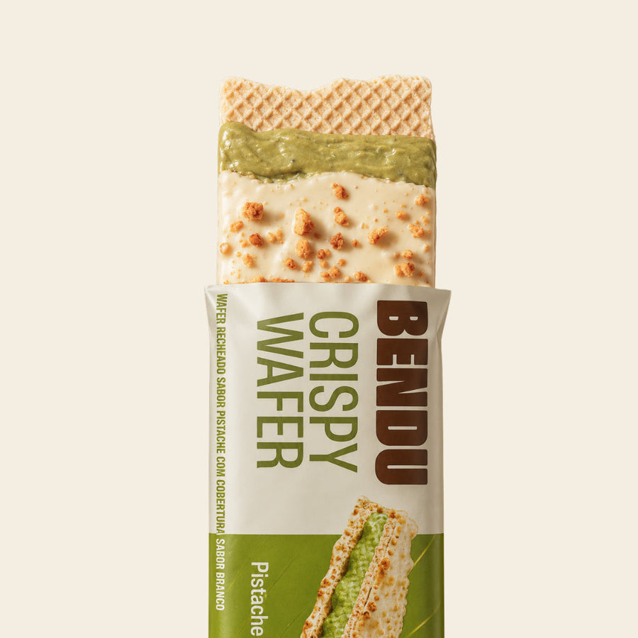 Crispy Wafer Pistache Bendu 40 g aberto mostrando as camadas