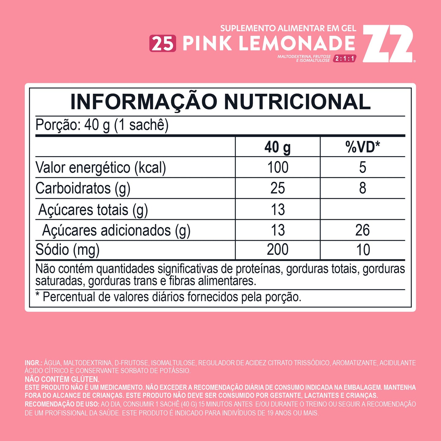 Tabela nutricional do Energy Gel Z2 Pink Lemonade Sachê 40 g (25Carb) (transcrita na página)