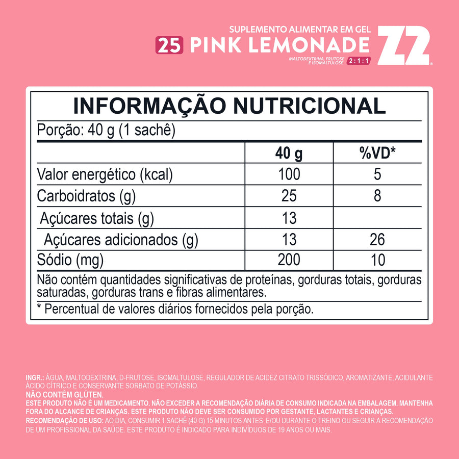 Tabela nutricional do Energy Gel Z2 Pink Lemonade Sachê 40 g (25Carb) (transcrita na página)