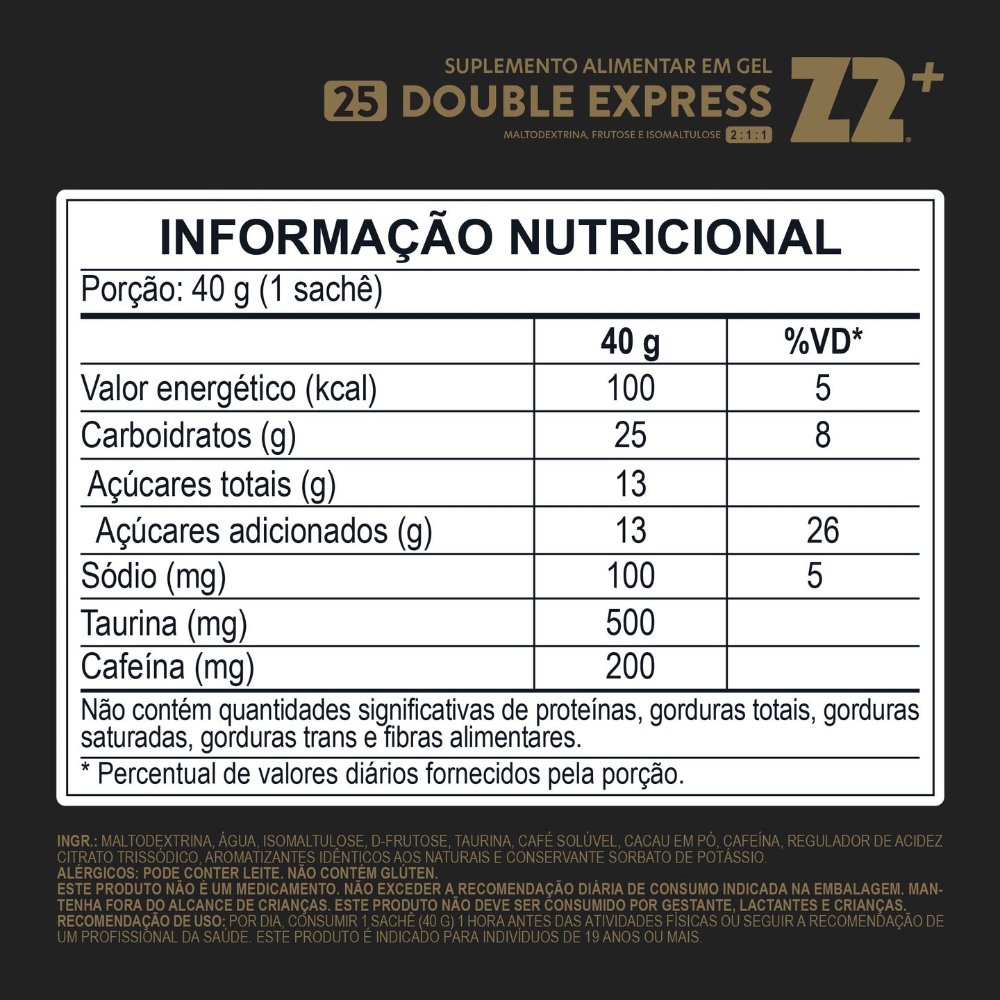 Tabela nutricional do Energy Gel Z2+ Double Expresso Sachê 40 g (25Carb) (transcrita na página)