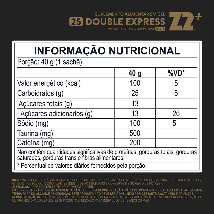 Tabela nutricional do Energy Gel Z2+ Double Expresso Sachê 40 g (25Carb) (transcrita na página)