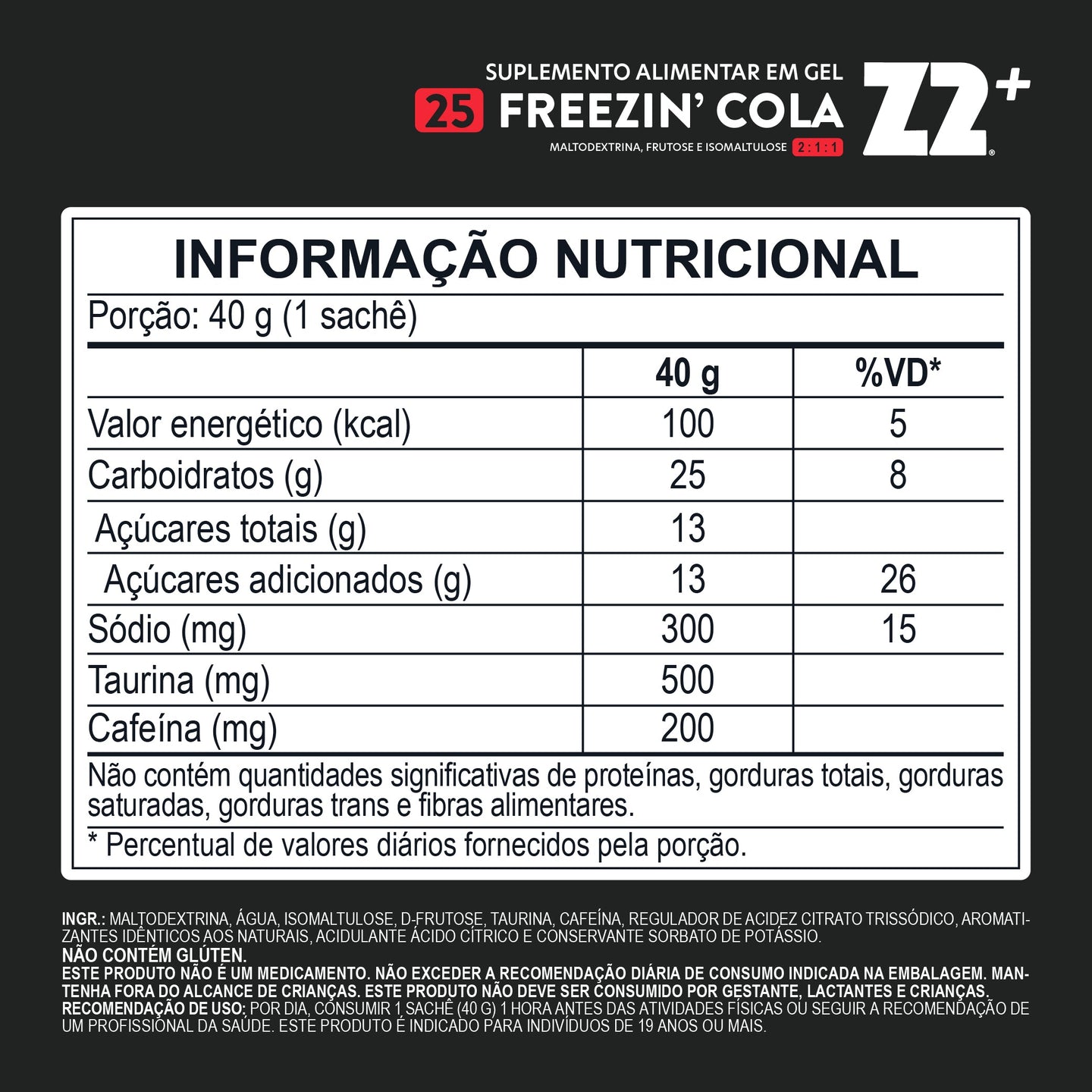 Tabela nutricional do Energy Gel Z2+ Freezin' Cola Sachê 40 g (25Carb) (transcrita na página)