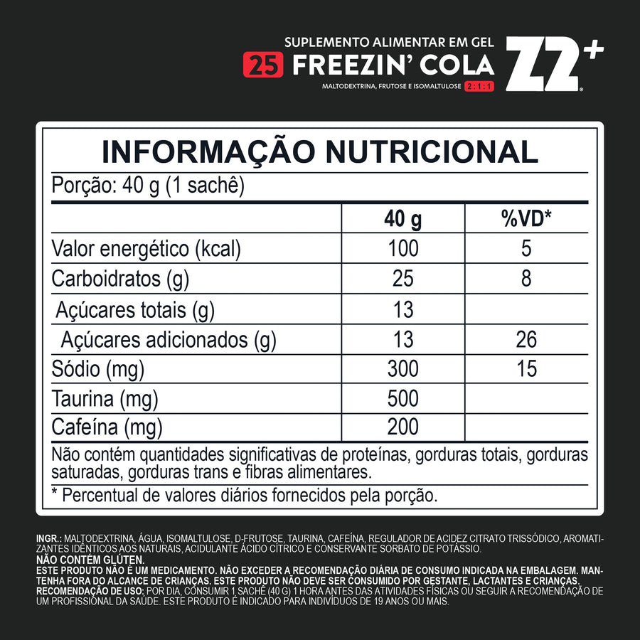Tabela nutricional do Energy Gel Z2+ Freezin' Cola Sachê 40 g (25Carb) (transcrita na página)
