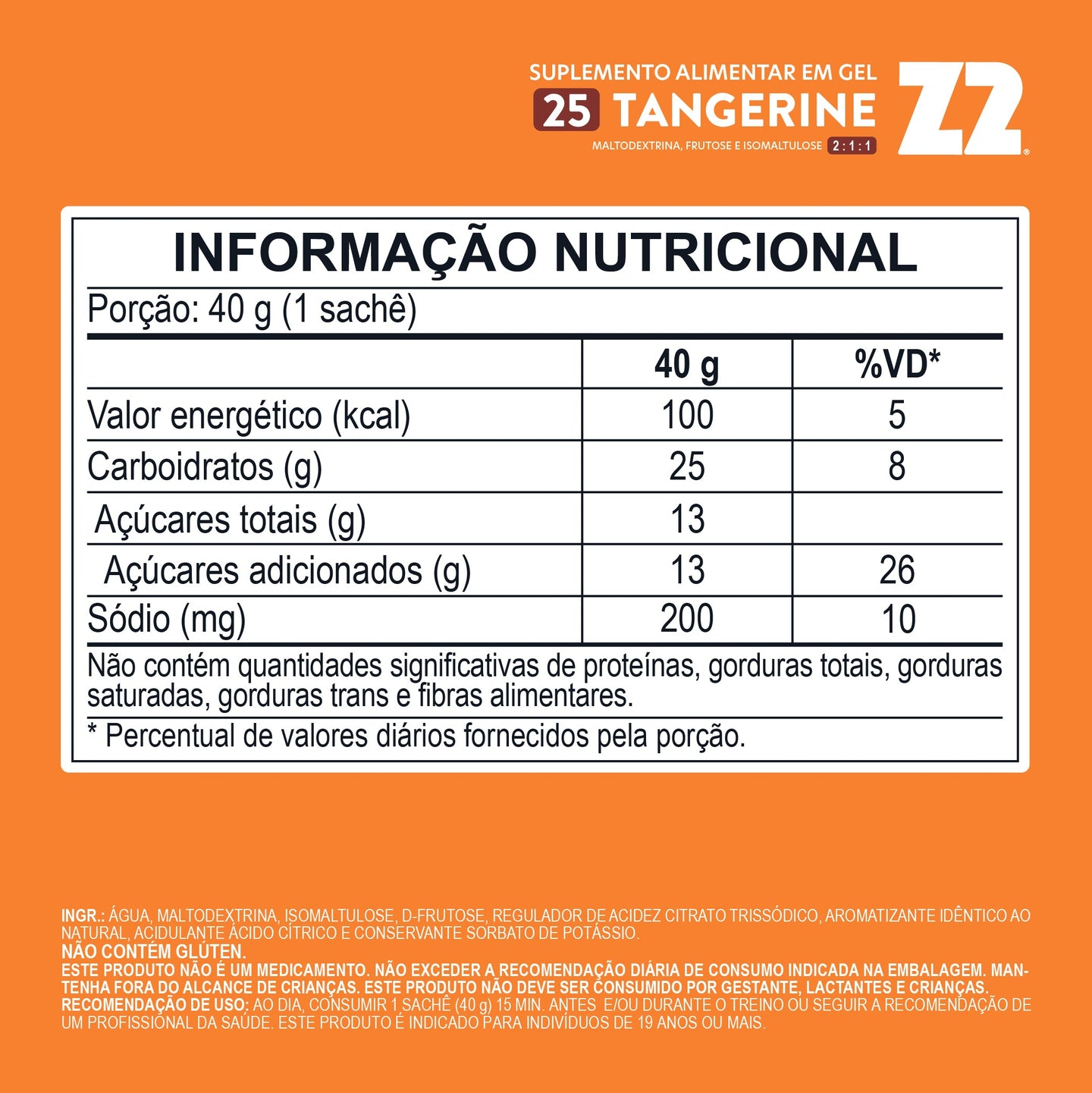 Tabela nutricional do Energy Gel Z2 Tangerine Sachê 40 g (25Carb) (transcrita na página)