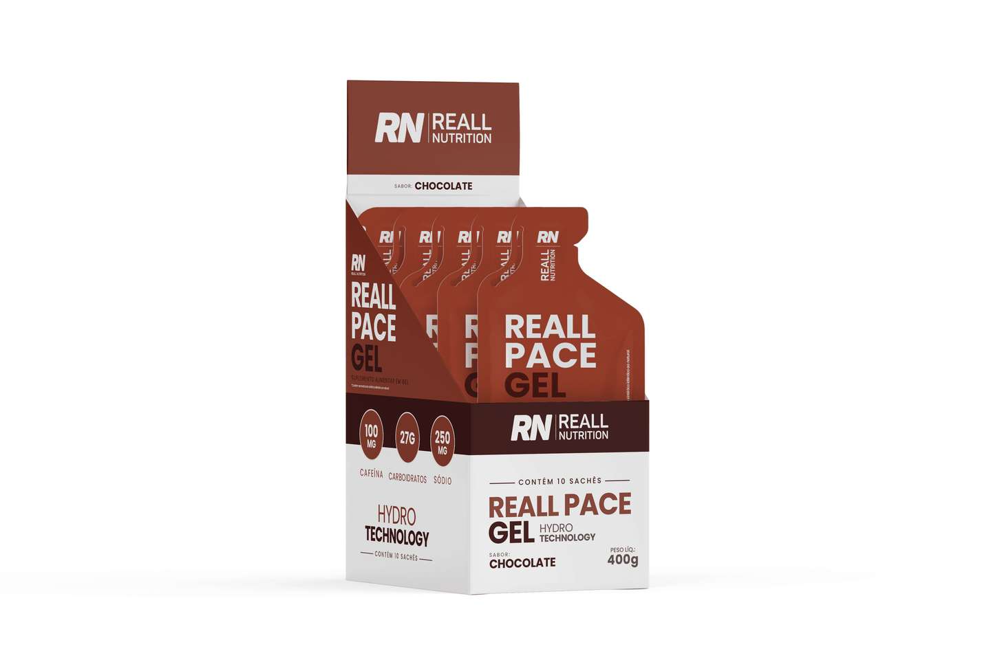 Caixa com 10 sachês de Reall Pace Gel Chocolate com Cafeína