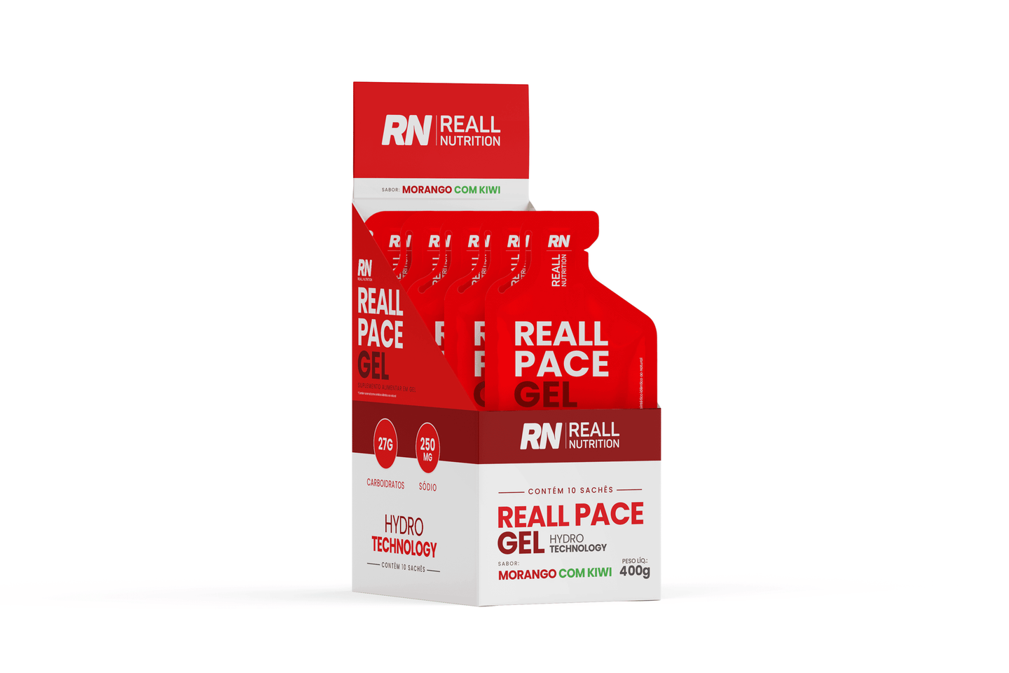 Caixa com 10 sachês de Reall Pace Gel Morango com Kiwi