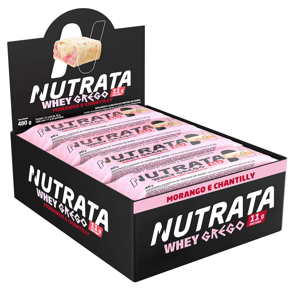 Whey Grego Bar Nutrata 40g (display 12) — Morango com Chantilly