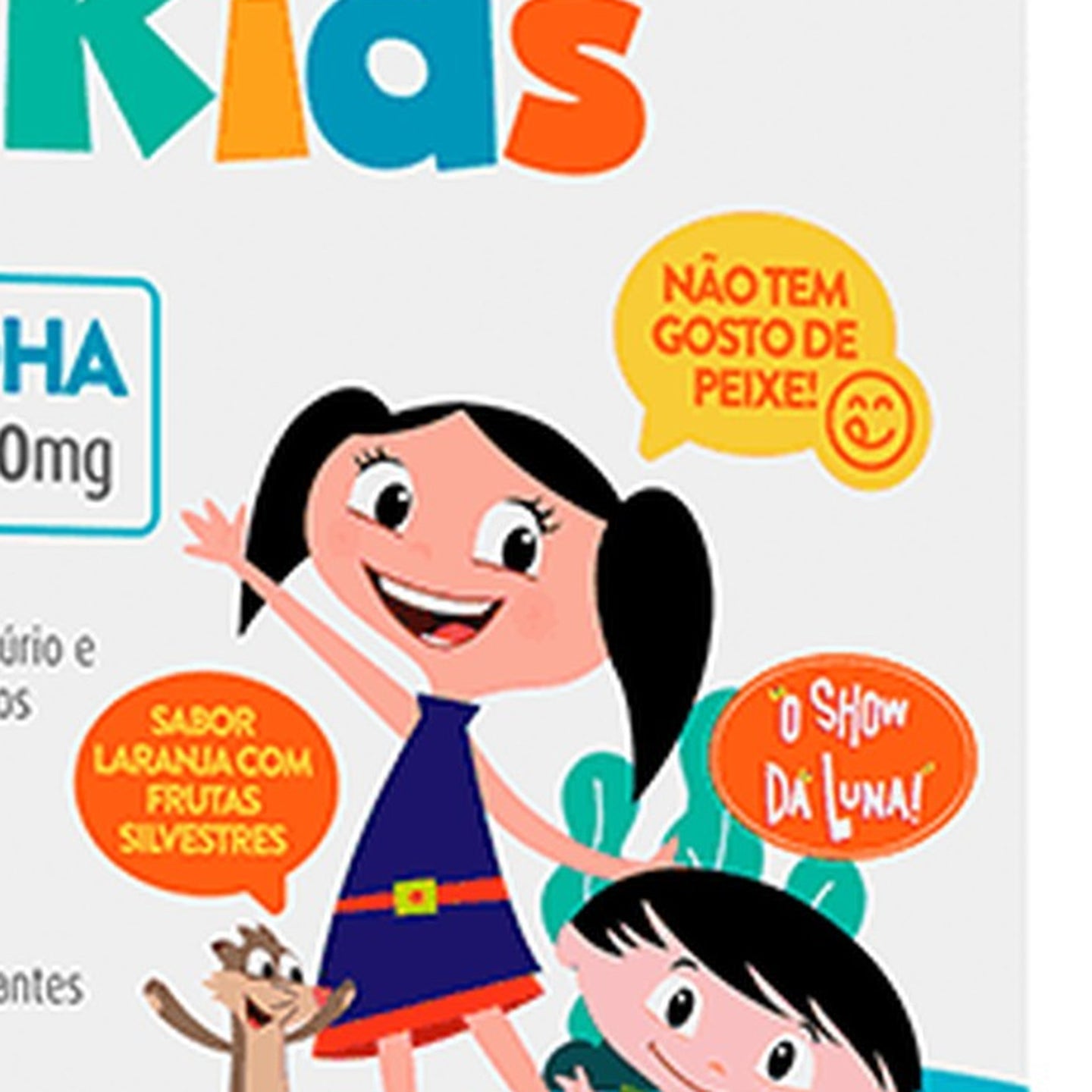 Luna e o balão "não tem gosto de peixe" na caixa do Ômega 3 Kids