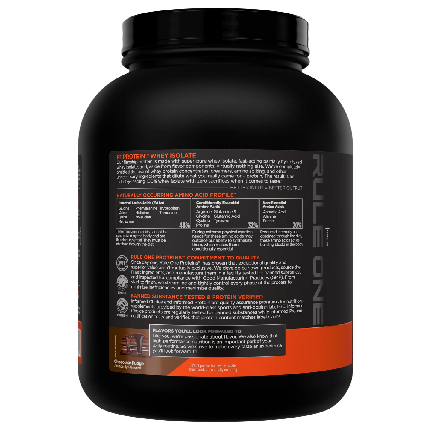 Pote de R1 Protein Chocolate Fudge 5 lb — vista lateral esquerda com rótulo