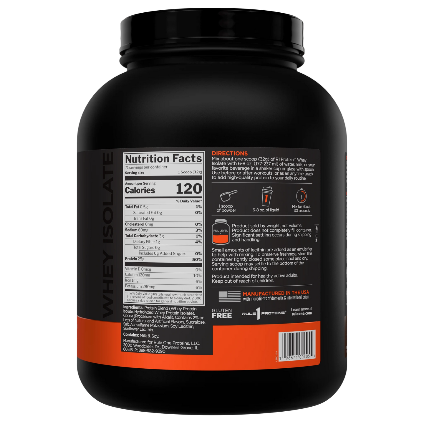 Pote de R1 Protein Chocolate Fudge 5 lb — vista lateral direita com informações do rótulo