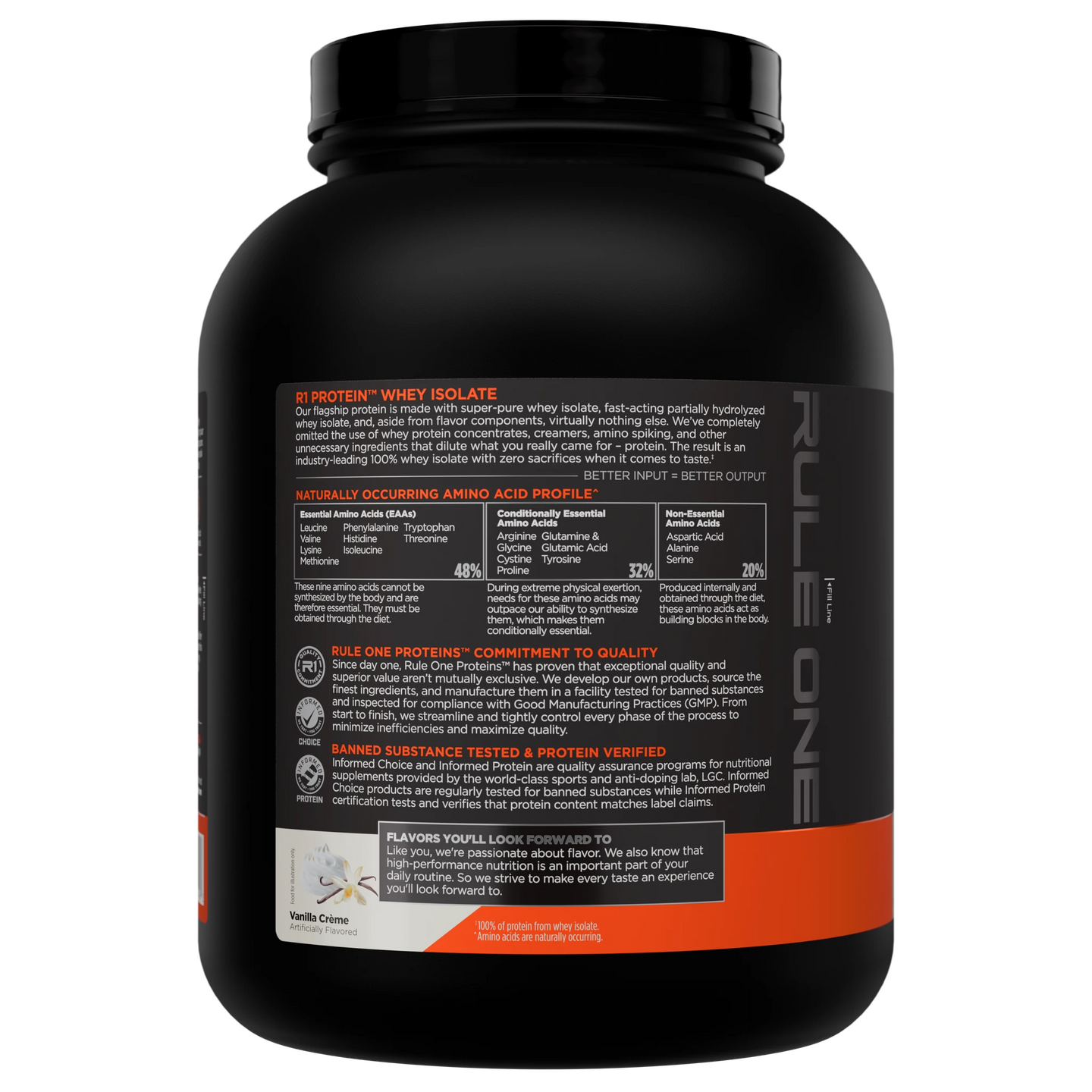 Pote de R1 Protein Vanilla Crème 5 lb — vista lateral esquerda com rótulo