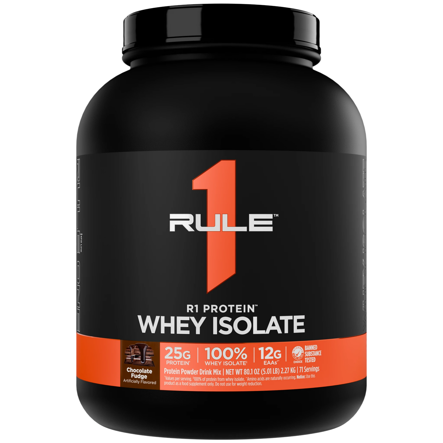 Pote de R1 Protein Whey Isolado sabor Chocolate Fudge 2,27 kg (5 lb)