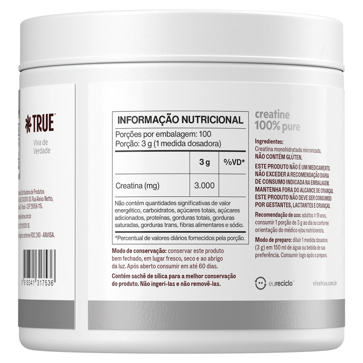 True Creatine 100% Pure - verso com tabela