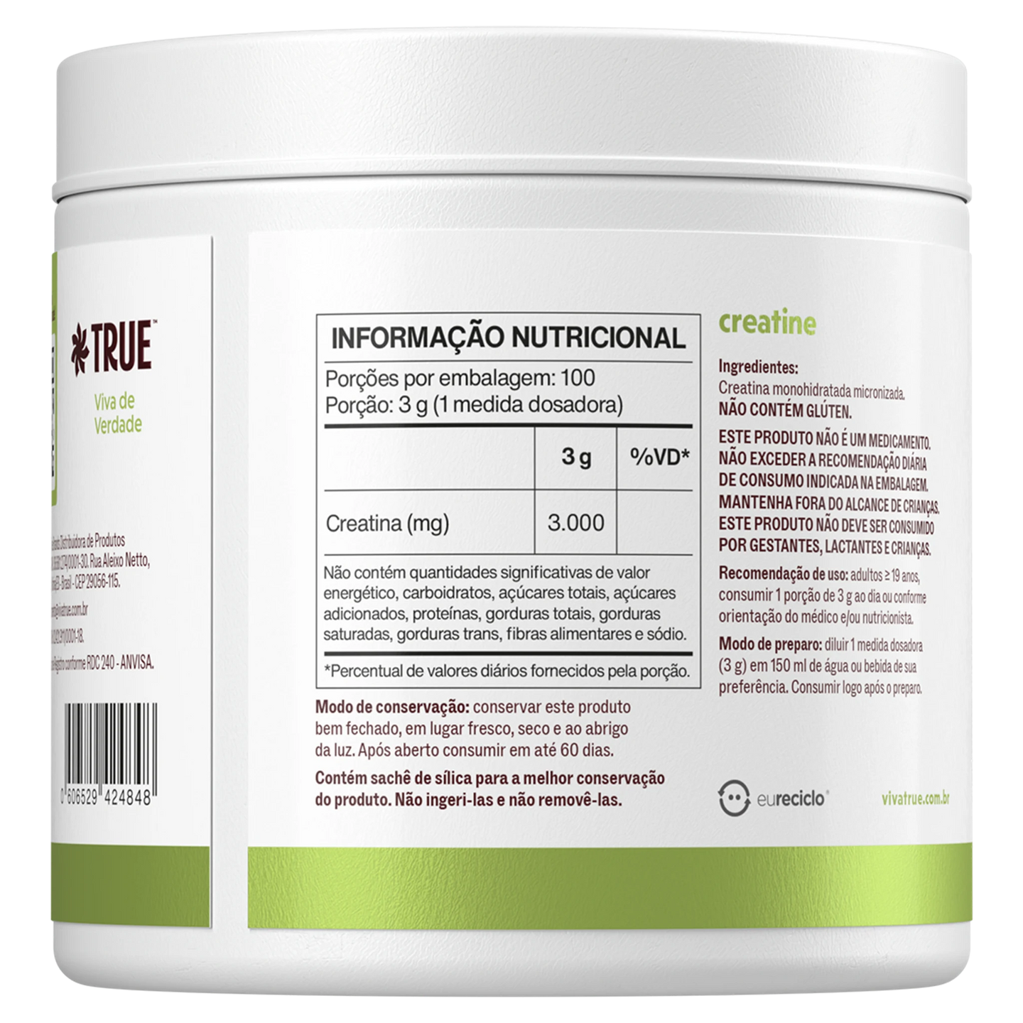 True Creatine Creapure 300g - verso com tabela