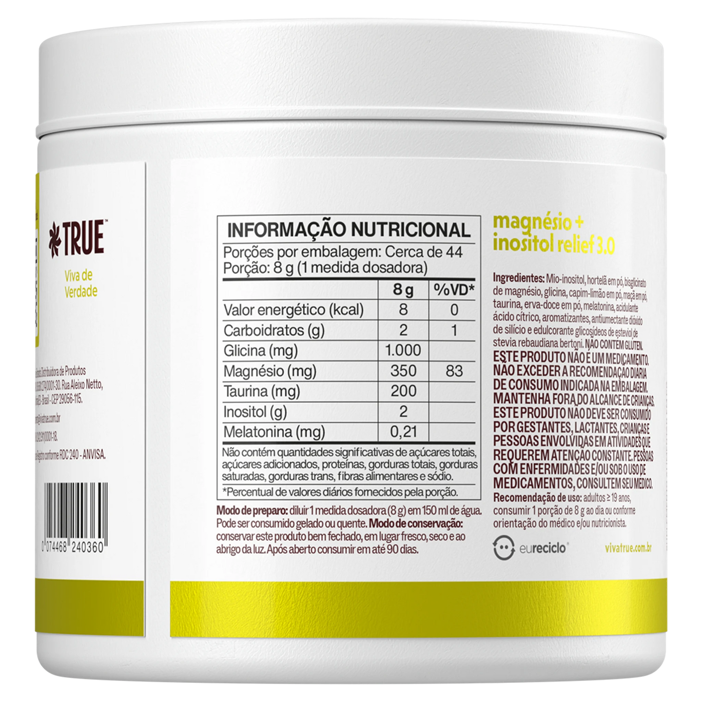 Relief 3.0 Capim Limão - verso com tabela nutricional
