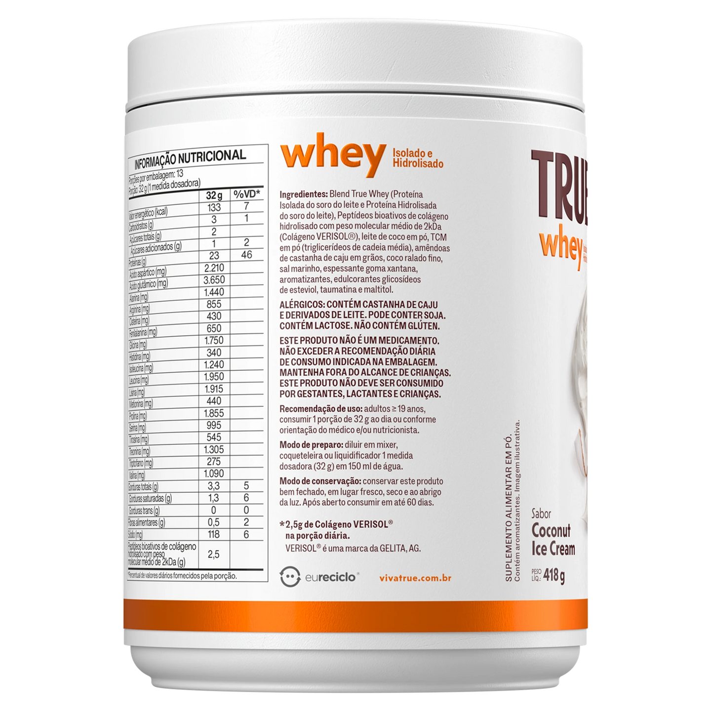 True Whey Coconut Ice Cream 418g - lateral esquerda