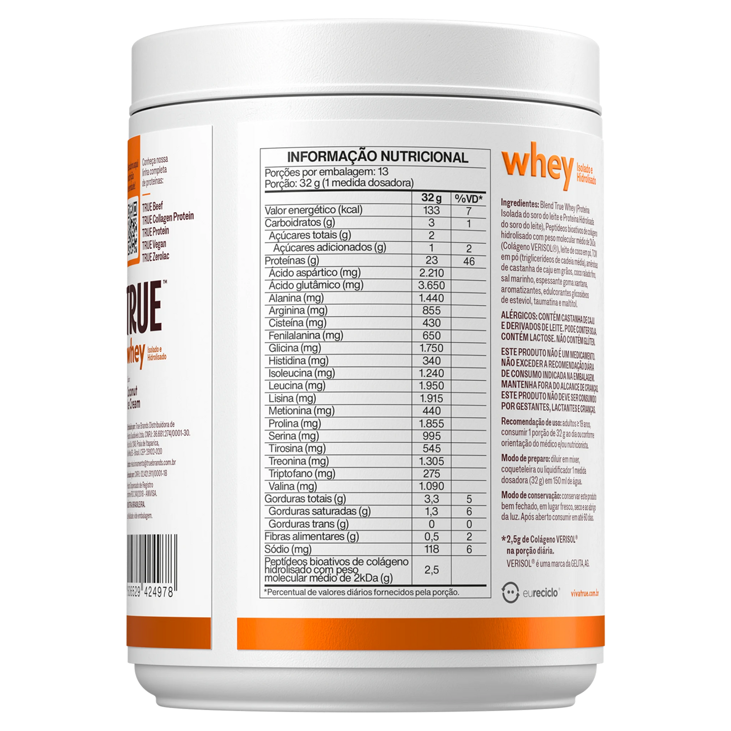 True Whey Coconut Ice Cream 418g - verso com tabela nutricional