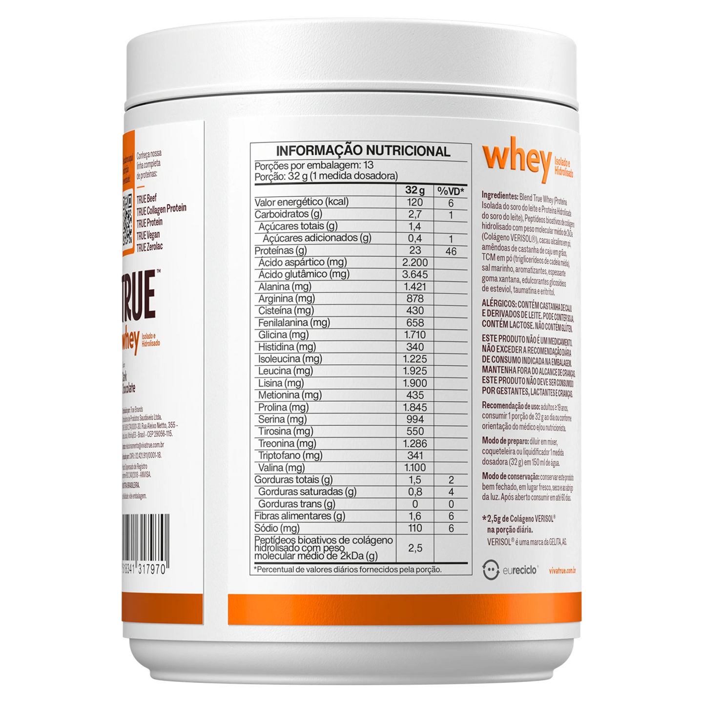 True Whey Dark Chocolate 418g - verso com tabela nutricional