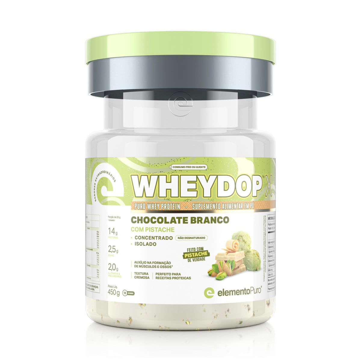 Wheydop X Chocolate Branco com Pistache 450 g — lata fechada
