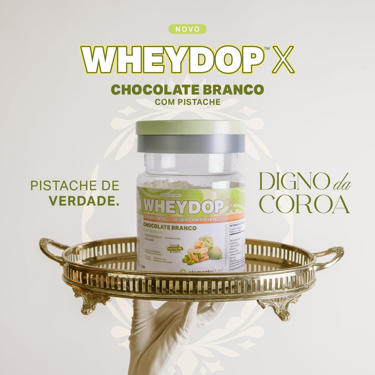 Wheydop X Chocolate Branco com Pistache — lata de outro ângulo